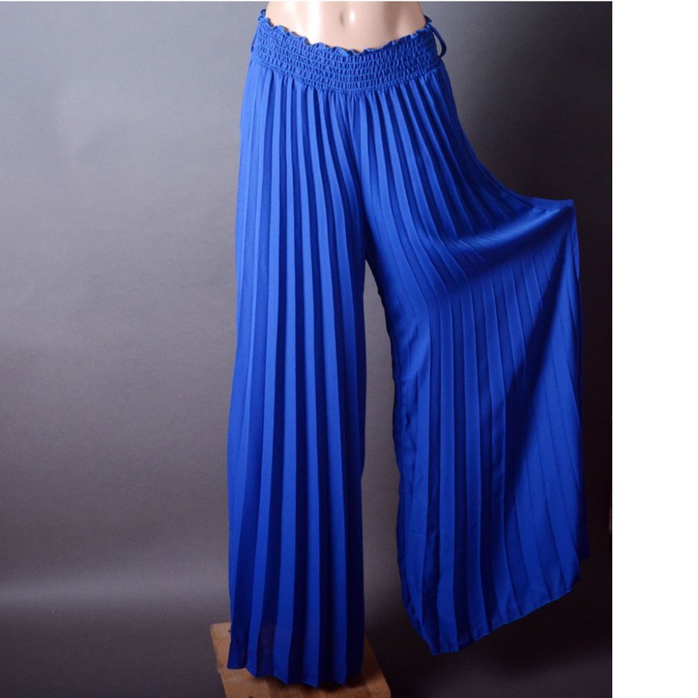 Womens Comfy Blue Palazzo Stretchy High Waist Loose Wide Leg Long Pants S